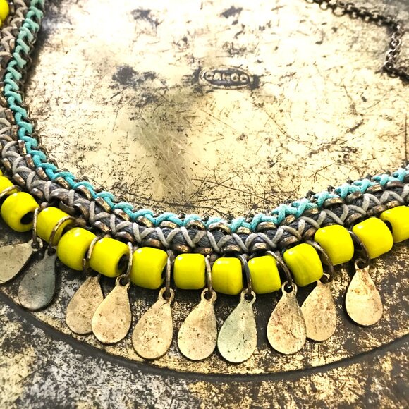 Vintage Handmade yellow beads and Teal and Yellow Thread Necklace-Age unknown - Picture 1 of 10